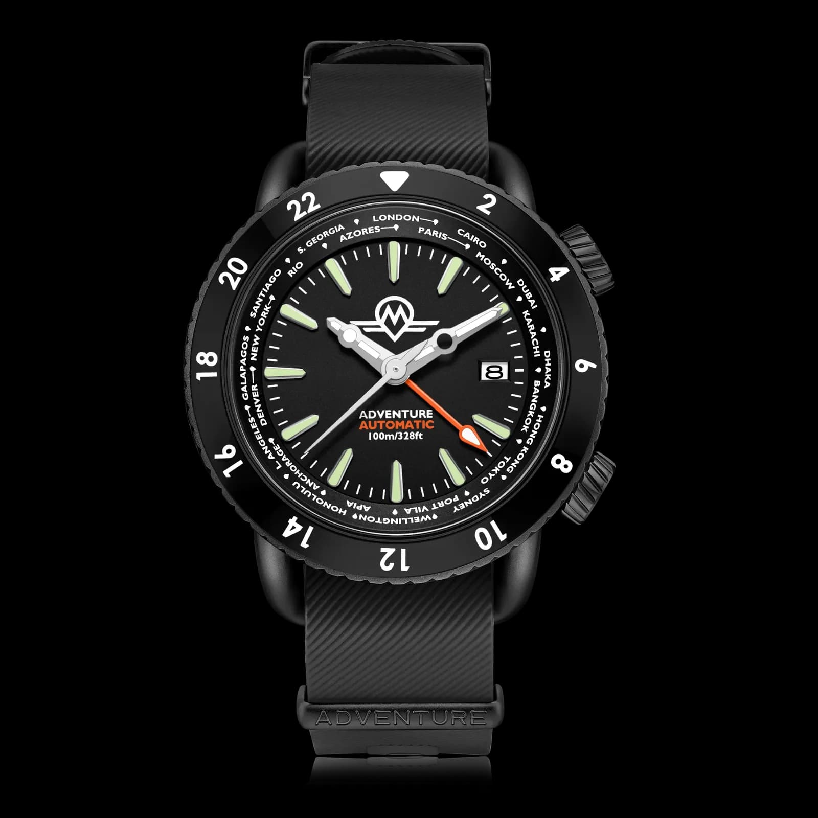 Monro Adventure MA-5 Urban Black X, Automatic GMT Worldtimer, 44mm Stainless Steel, Black Dial