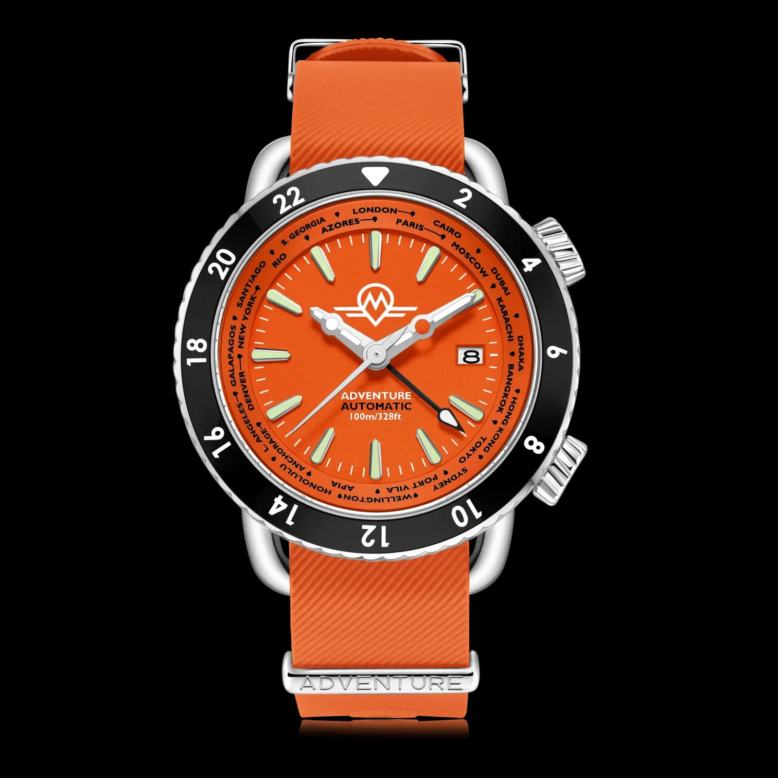 Monro Adventure MA-3 Sunset Orange, Automatic GMT Worldtimer, 44mm Stainless Steel, Orange Dial