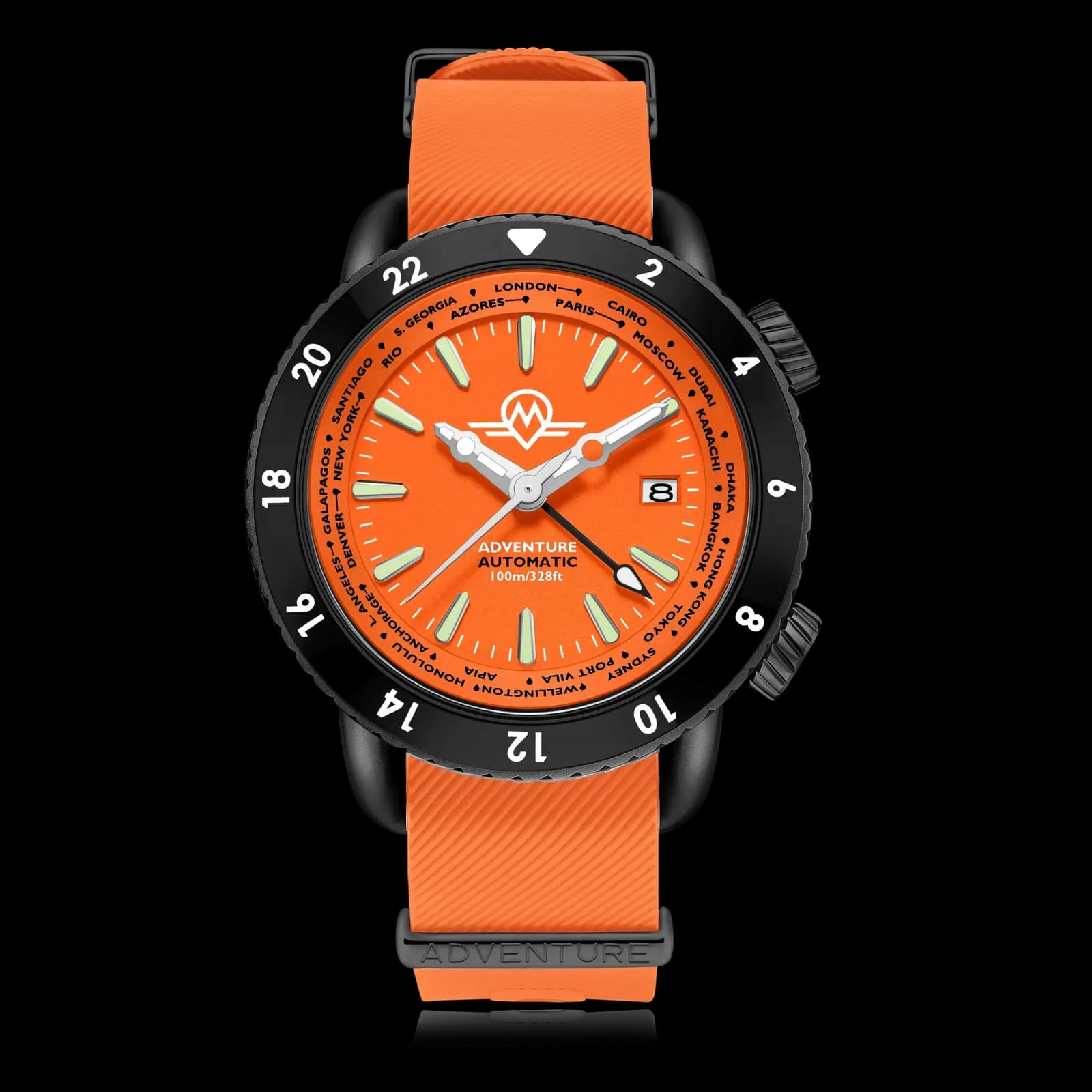 Monro Adventure MA-7 Night Fire, Automatic GMT Worldtimer, 44mm Stainless Steel, Orange Dial