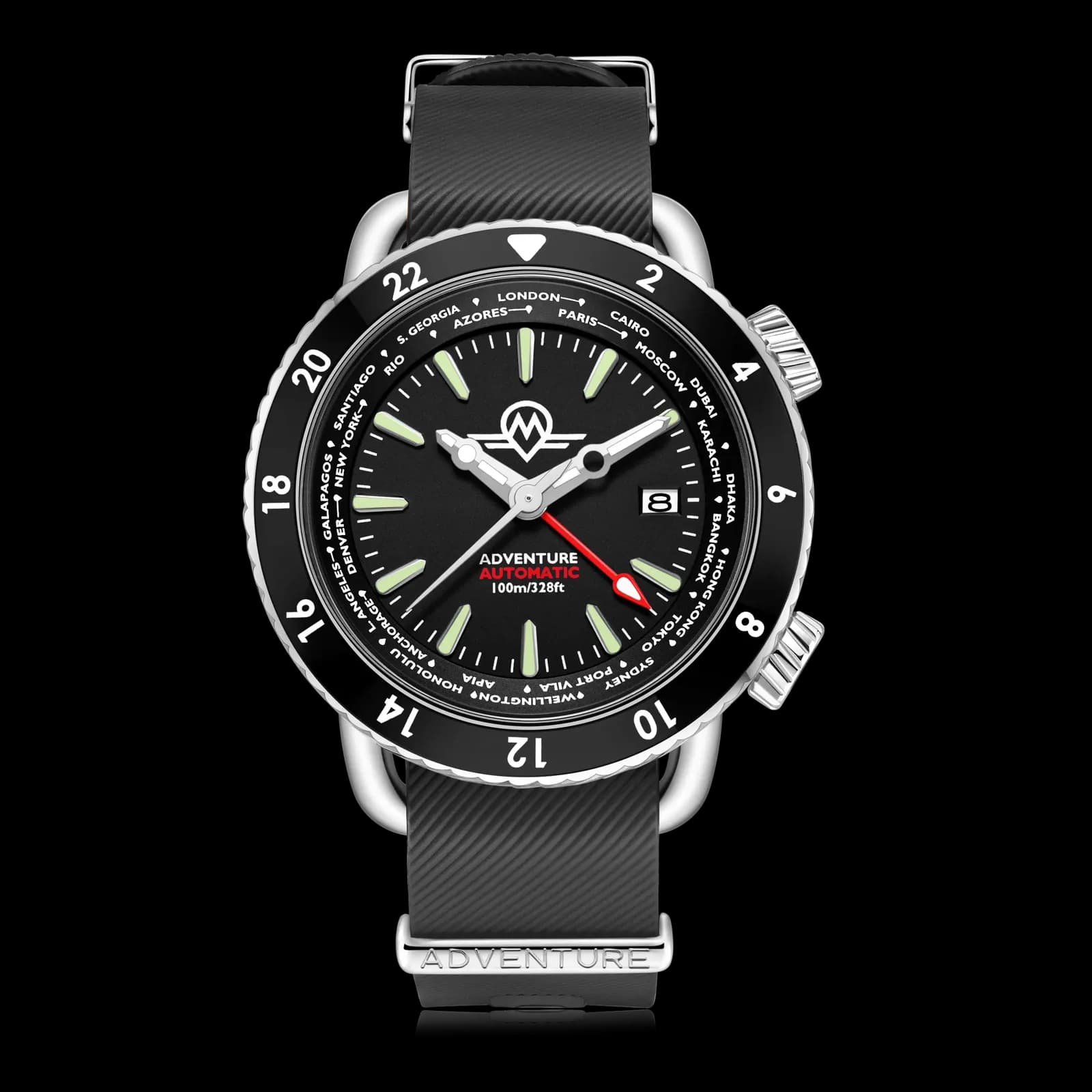 Monro Adventure MA-1 Urban Black, Automatic GMT Worldtimer, 44mm Stainless Steel, Black Dial