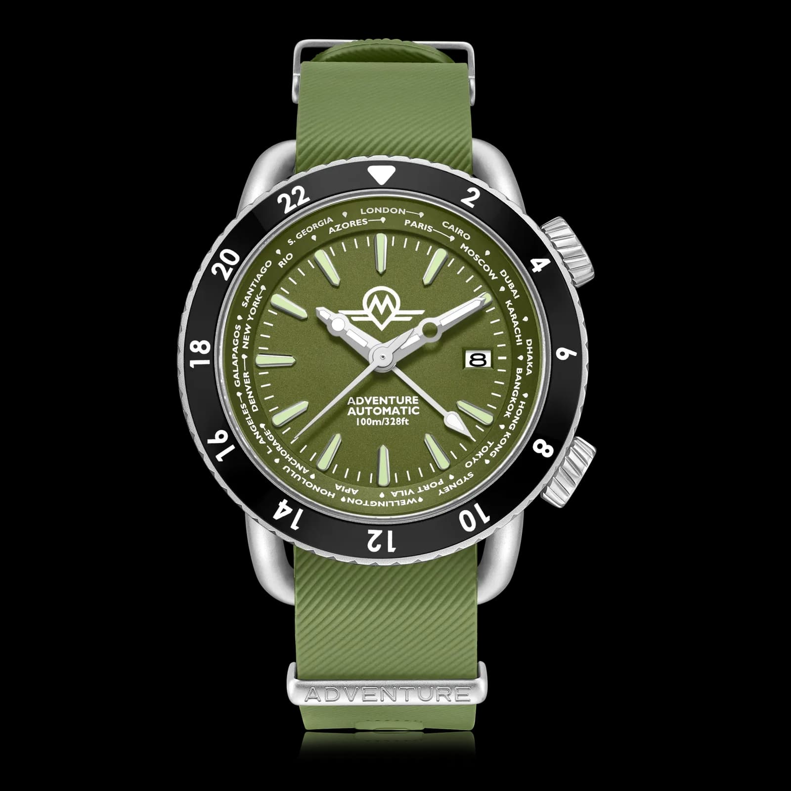 Monro Adventure MA-4 Woodland Green, Automatic GMT Worldtimer, 44mm Stainless Steel, Green Dial