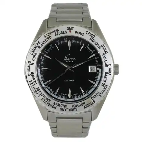 Ibarra Salvador 40MM World Timer Automatic Steel Dress Watch (Black Dial)