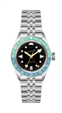 Imperial Watch Co. Oceanguard GMT - Jet Black W/ Coral And Turquoise Bezel