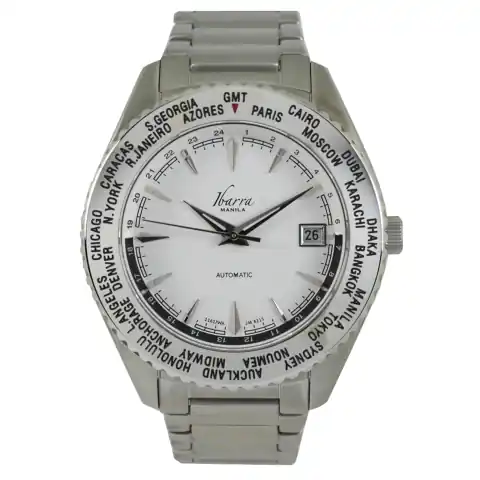 Ibarra Salvador 40MM World Timer Automatic Steel Dress Watch (White Dial)