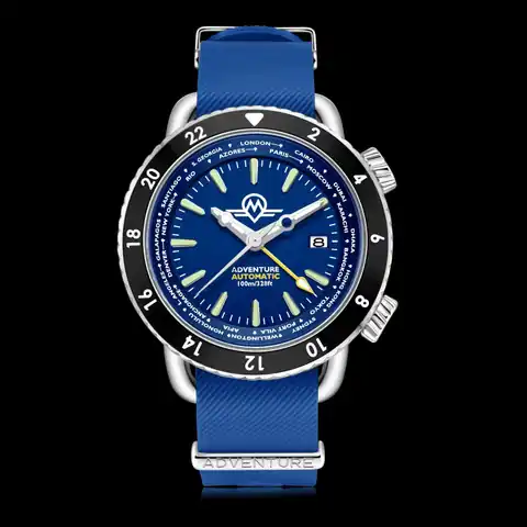 Monro Adventure Monro Adventure MA-2 Deep SEA Blue, Automatic GMT Worldtimer, 44mm Stainless Steel, Blue Dial