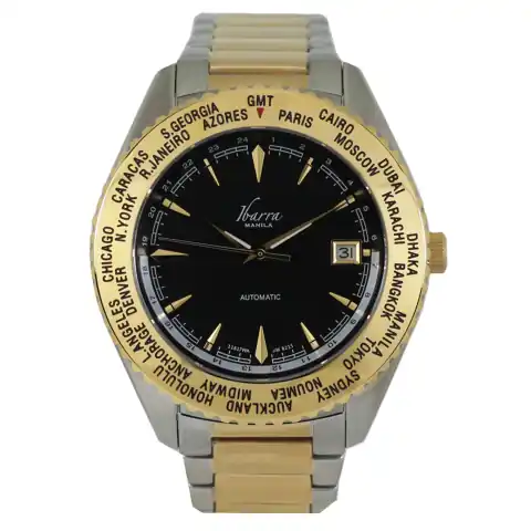 Ibarra Salvador 40MM World Timer Automatic TWO-Tone Dress Watch (Black Dial)