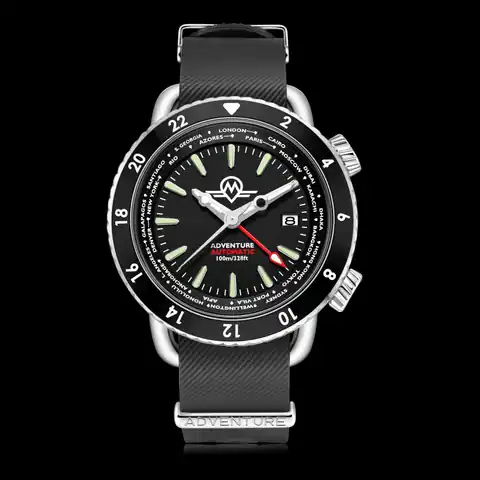 Monro Adventure Monro Adventure MA-1 Urban Black, Automatic GMT Worldtimer, 44mm Stainless Steel, Black Dial