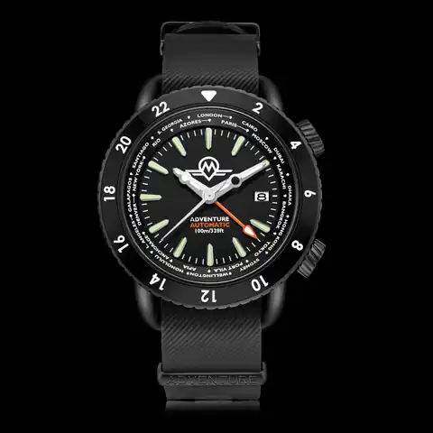 Monro Adventure Monro Adventure MA-5 Urban Black X, Automatic GMT Worldtimer, 44mm Stainless Steel, Black Dial