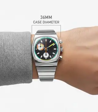 Brew’s wrist photograph labels the 36mm case width; the wearer’s wrist measurement is not supplied.