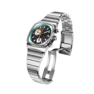 An angled view of the Retro dial, pushers, case and open bracelet.