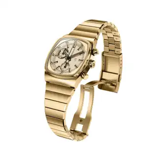 Metric Gold case and bracelet shown at an angle.