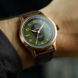 Old Radium Bronze Pilot photographed on a wrist.
