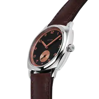 Charcoal Rose dial and cushion-shaped case on the leather strap.