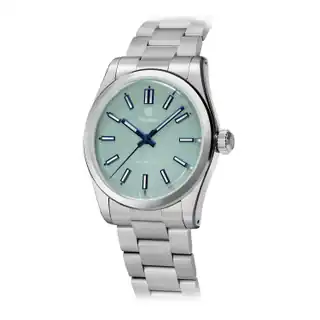 Seafoam Green dial and bracelet at an angle; this photograph shows the no-date configuration.